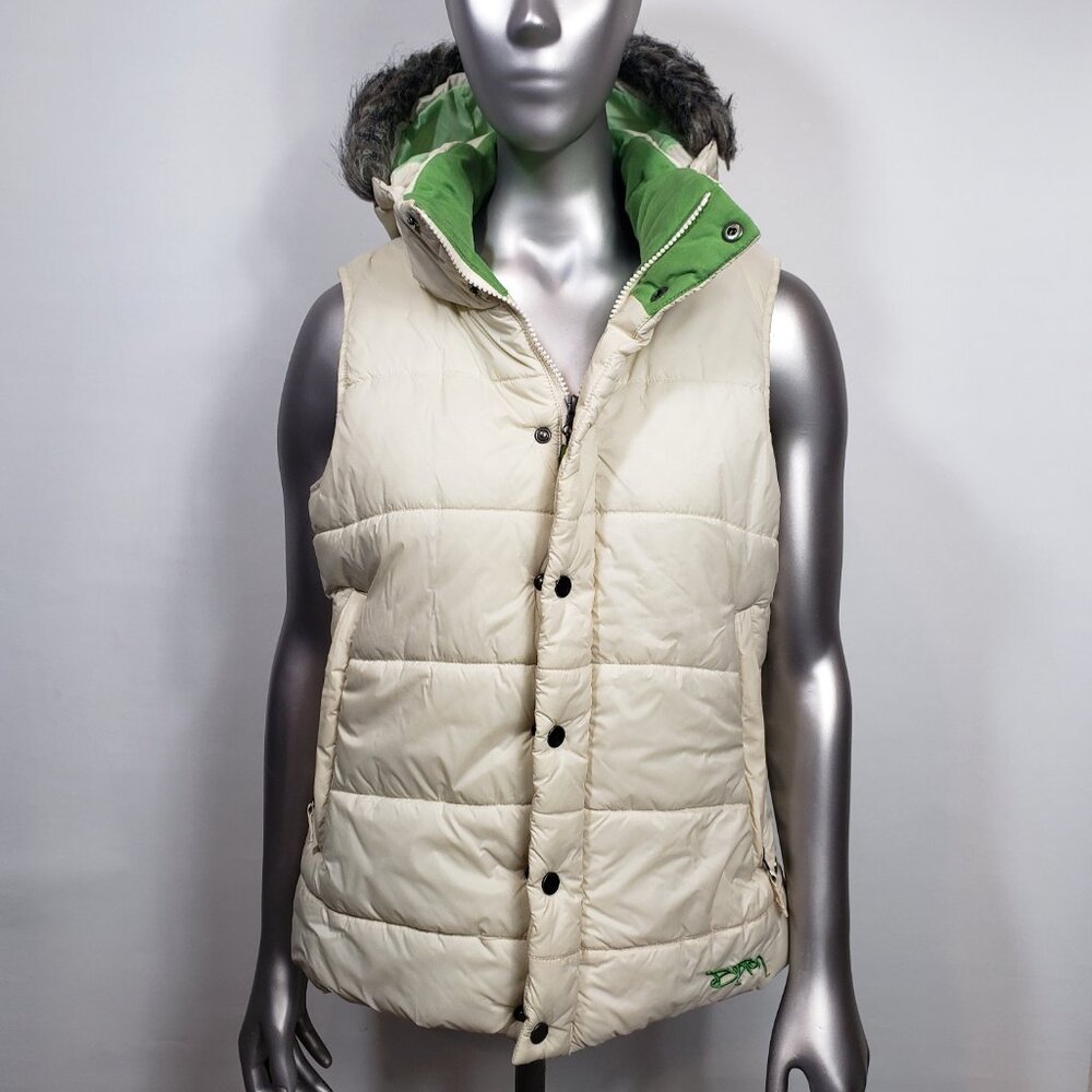 Burton Rancher Puffy Vest Women Medium Cream Green Faux Fur Removable Hood Ski